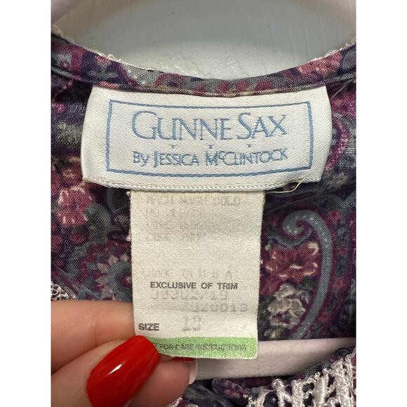 Vintage Gunne Sax Purple Paisley Puff Sleeve Crochet Cottage Maxi Dress Size 13 - Picture 10 of 10